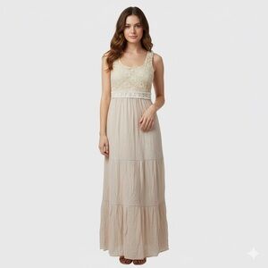 Hem & Thread Lace Bodice Tiered Maxi Dress Cream Blush Boho Women Medium
